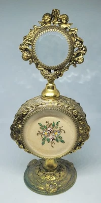 Gorgeous Vintage Perfume Bottle W/Inlaid Handpainted Silk - Image 1 of 4