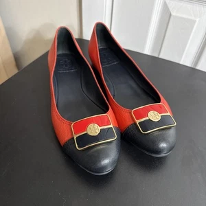 Tory Burch Colette Ballet Women's Black/Red Leather Square Logo Flats Size 9.5 - Picture 1 of 10
