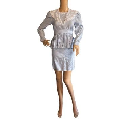 Gunne Sax Mini Blue Dress Womens Size 8 (2) Peplum Waist White Lace Vintage - Image 1 of 4