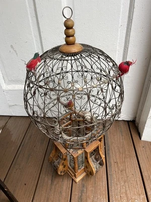 Jaula para pájaros decorativa victoriana estilo globo aire caliente alambre madera vintage Foto 1 de 4