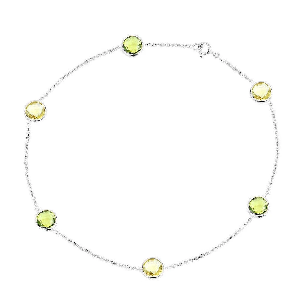 14K White Gold Anklet With Peridot And Lemon Quartz Gemstones 10.5 Inches - Image 1 of 1