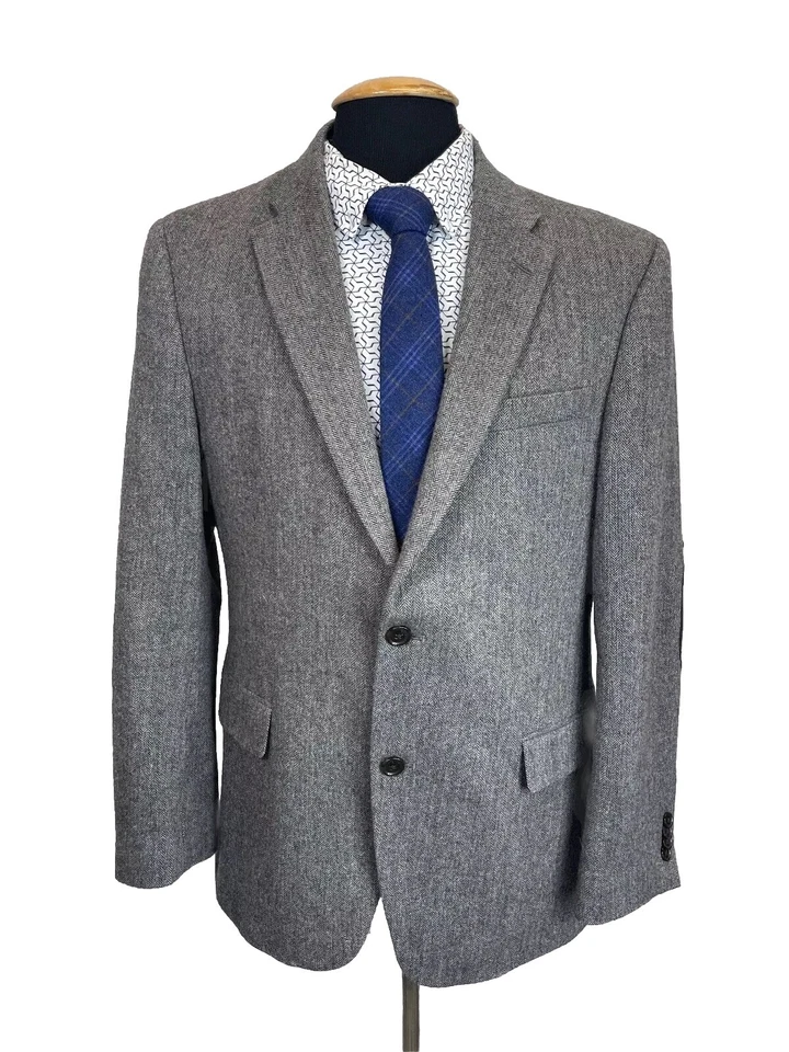 TOMMY HILFIGER 40R СЕРЫЙ ТВИДОВАЯ ШЕРСТЬ HERRINGBONE BLAZER СПОРТИВНОЕ ПАЛЬТО ЛОКОТЬ ПАТЧИ - Изображение 1 из 4