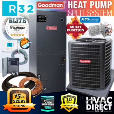 Goodman 2 Ton 15.2 SEER2 Heat Pump Split System Central Air Conditioner AC Kit - Image 1 of 4