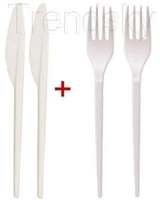2in1] Gabel + Messer Weiß Plastik Speise Menü Besteck für Party/Picknick Stabil