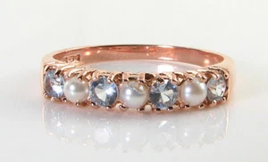 LUSH 9K 9CT ROSE GOLD PEARL & AQUAMARINE ART DECO INS ETERNITY BAND RING  - Picture 1 of 5