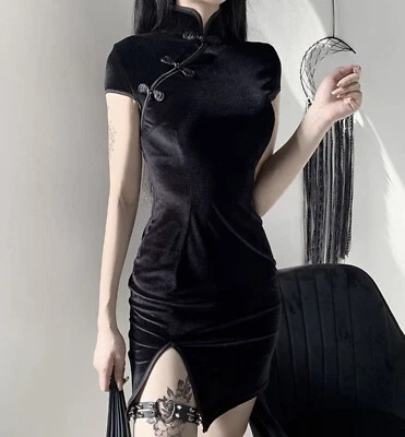 Women Black Chinese cheongsam Qipao Halloween Gothic Corset Tunic Velvet Dress - image 1 of 4
