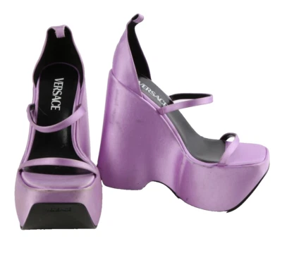 Sandalias de cuña Versace satinadas púrpura claro plataforma tiras talla 37,5 Foto 1 de 4