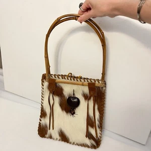 Cow Hair Cowhair Handbag Purse Western Wooden Handles Cane Charm Carry Bag - Picture 1 of 10