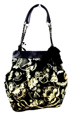 BOLSO DE HOMBRO HOBO LUCKY PENNY NEGRO BLANCO LONA CUERO GENUINO Foto 1 de 4