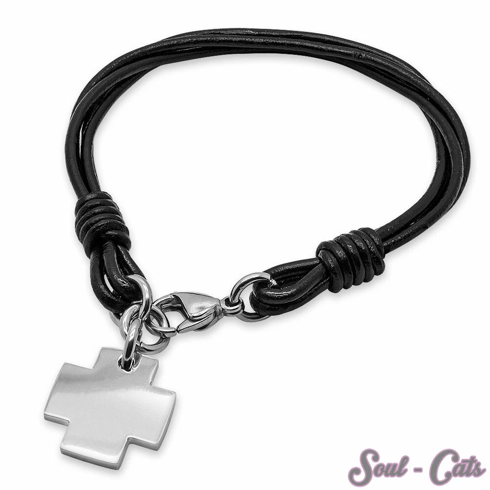 Lederarmband schwarz mit quadratischem Kreuz silbern Edelstahl Armschmuck unisex - Bild 1 von 1