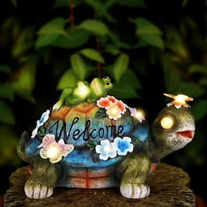 Solar Garden Outdoor Statues Turtle with Frog, Flowers and 9 LED Lights - Picture 1 of 7