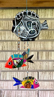 Hanging Folk Art Coconut Fish Hand Carved Mexico Home Tropical Wind Chime #16 - Image 1 of 4