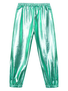 US Kids Girls Glossy Metallic High Waist Dance Pants Jazz Hip Hop Sport Trousers