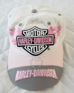 Vintage Harley Davidson Women White Pink Trucker Hat Cap Strapback Adjustable