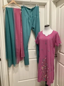 Beautiful Pink Turquoise Embroidered Unlined Tunic 3 pc Salwar Kameez No Size - Picture 1 of 20