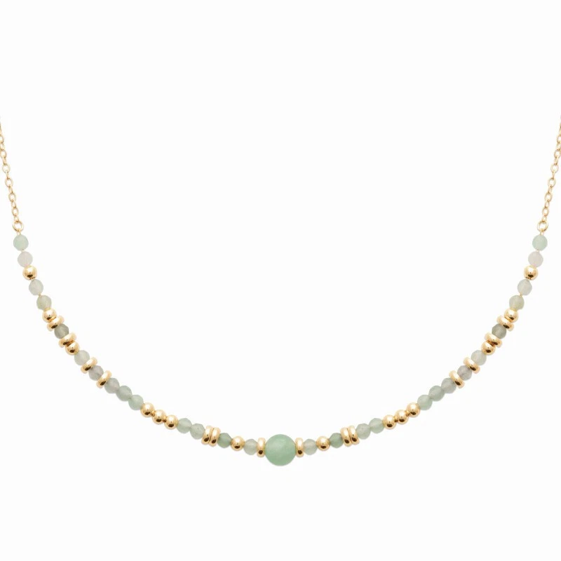 Collier pierres rondes Aventurine véritable Plaqué Or 18 carats 750/1000 - Photo 1/3
