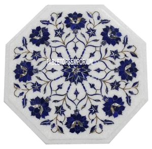 12" White Marble Center Garden Top Table Lapis Inlay Marquetry Arts Floral... - Bild 1 von 4