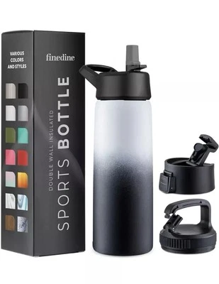 FINEDINE Triple Insulated Stainless Steel Water Bottle with Straw Flip Top Lid 750ml