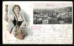 Präge-Lithographie Würzburg, Ortsansicht aus der Vogelschau, Frau in Tracht mit - Picture 1 of 2
