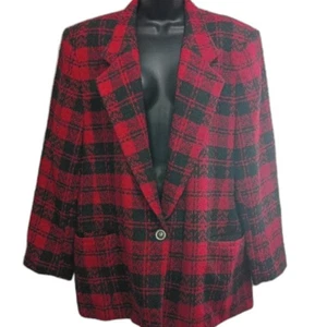 Vintage Harris/Wallace Blazer Sze Large Tweed Plaid Red and Black Women's Jacket - Picture 1 of 10
