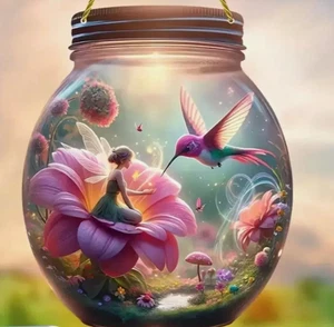 SONNENFÄNGER - Lebendiger Kolibri und Fee im Einmachglas, mehrfarbiges Acryl - Bild 1 von 3