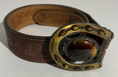 Cinturón de cuero marrón TexTan talla 42 con hebilla en forma de herradura con piedra de ojo de tigre Foto 1 de 4