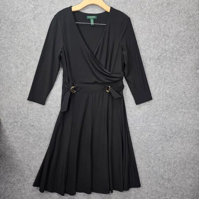 Lauren RALPH LAUREN Dress Womens 12 Large Black Wrap Midi Flowy Old Money Office - Image 1 of 4