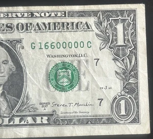 (HUNDRED THOUSANDS NOTE!) $1 5 In A Row 0s Fancy Serial Number G16600000C - Picture 1 of 4