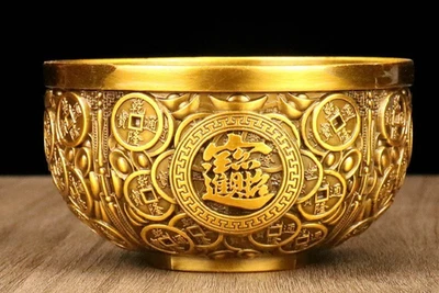 4" Dinastía China Bronce Riqueza Yuanbao Dinero Tesoro Cuenco Dragón Cuencos Taza Foto 1 de 4