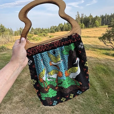 De Colección Años 70 Caramelo Cuentas Grúas Bolso Cartera Bolso de Mano Asas de Madera Hong Kong Foto 1 de 4