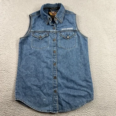 Harley-Davidson Women Motorcycle Vest Size S Blue Denim Embroidered - Image 1 of 4