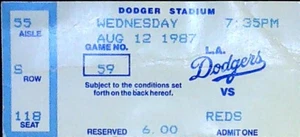 Tim Leary Win #20 Los Angeles Dodgers Cincinnati Reds MLB Ticket Stub 8/12/1987 - Picture 1 of 2