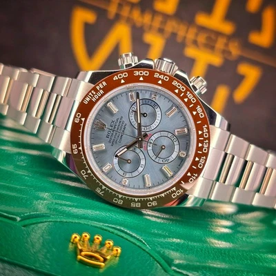 ROLEX DAYTONA 40MM PLATINO 116506 BAGUETTE ESFERA AZUL HIELO BISEL DE CERÁMICA B&P Foto 1 de 4