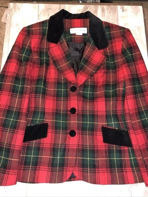 NORTON McNAUGHTON Wool Blend Red Green Plaid  Black Velvet Blazer Sz 10 Holiday - Image 1 of 4