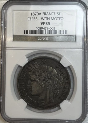 Rare France 1870 A Silver 5 Francs NGC Certified VF35 Ceres With Motto KM#819 - Image 1 of 4