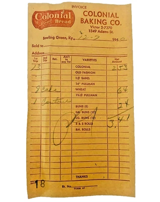 PAN COLONIAL Bowling Green Kentucky 1960 Papel Venta Recibo Factura Formulario de Pedido Foto 1 de 3