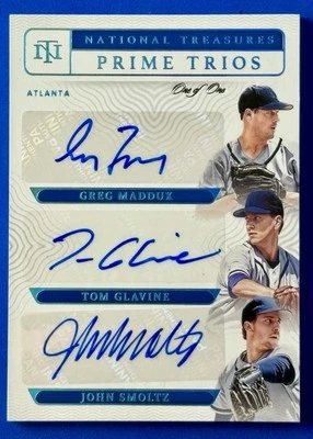 2022 National Treasures Trios Auto Greg Maddux Tom Glavine John Smoltz 1/1 HOF - Image 1 of 4
