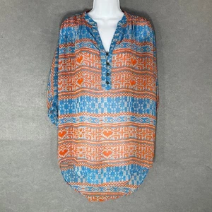 Ivy Jane Tunic Top Small Blue Orange Heart Print Button Up Blouse Lightweight - Picture 1 of 9