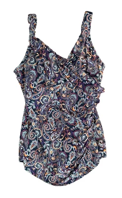 LANDS END Mujer TRAJE DE BAÑO Una Pieza AZUL Púrpura PAISLEY Sujetador Acolchado Talla 16P Foto 1 de 4