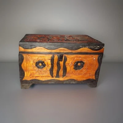 Antique Early 19th Century Swedish Carved Wood Money Box Coffer Chest - Image 1 of 3