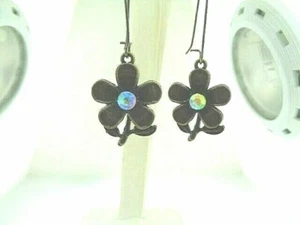 New Lovely FLOWER w/ Yellow AB Crystals Bronze-tone Dangle Earrings 1-7/8" Long - Picture 1 of 1