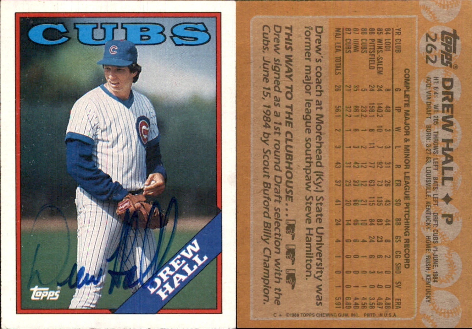 Drew Hall Signed 1988 Topps #262 Card Chicago Cubs Auto AU