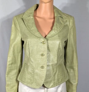 Armani Womens Leather Blazer Jacket Size 6 Lime Green Embossed Cropped Fitted - Picture 1 of 16
