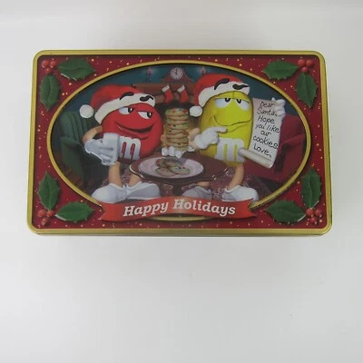 M&M'S Cookies Happy Holidays Collectors Tin Red & Yellow Peanut Santa Hat Letter - Image 1 of 4