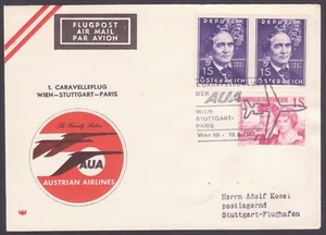 AUSTRIA 1963 PRIMER VUELO VIENA - STUTTGART - PARIS EN CARAVELLE COMPAÑIA AUA - Imagen 1 de 2