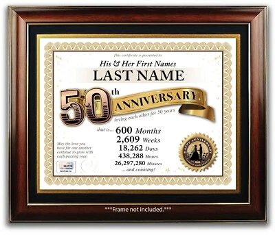 CERTIFICADO PERSONALIZADO FELIZ 50 ANIVERSARIO BODA - 50 AÑOS REGALO PRESENTE Foto 1 de 2