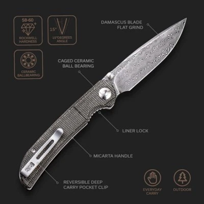 CIVIVI KNIVES CIVIVI IMPERIUM FLIPPER KNIFE DAMASCUS STEEL DARK GREEN MICARTA HANDLE C2107DS-3