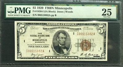 1929 $5 FRBN  [] MINNEAPOLIS []   Fr  1850-I  []  PMG 25 ✔ I 00515882 A - Image 1 of 3