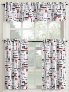 3pc. Printed Curtains Set:2 Tiers(27"x36")& Valance(54"x14")KITCHEN ITEMS,red,MS - Picture 1 of 12