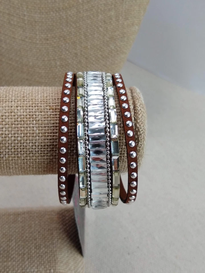 Vintage Paparazzi Leather Bracelet w/ Rhinestone Accents 9"  Brown - Image 1 of 4